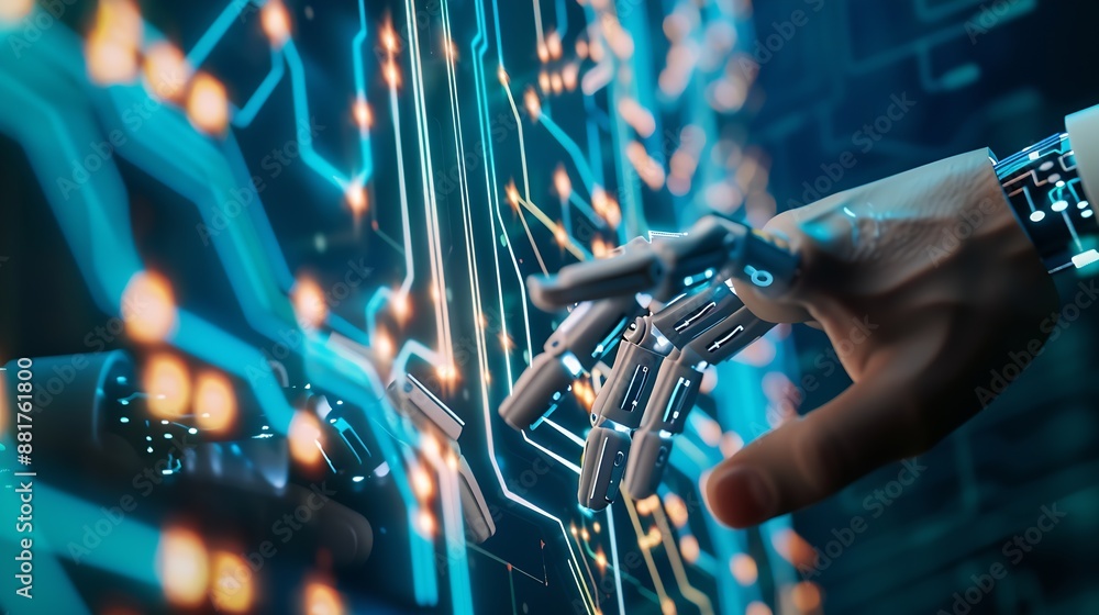 Aufkleber Hand Business people touching artificial intelligence AI circuit board to analyze data automated chart graph Innovative technology Machine learning on virtual screen for futuristic : Generative AI