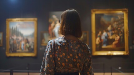 Young woman looking at the paintings at the art gallery back view copy space : Generative AI
