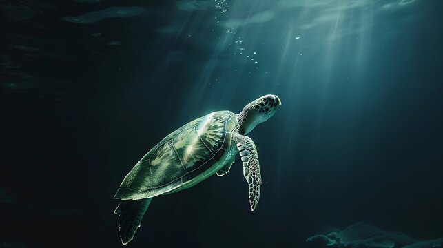 Green sea turtle ascended to the surface to breathe starting from very deep sea bottom murky dark blue water Picture taken during Scuba dive in tropical water : Generative AI - Powered by Adobe