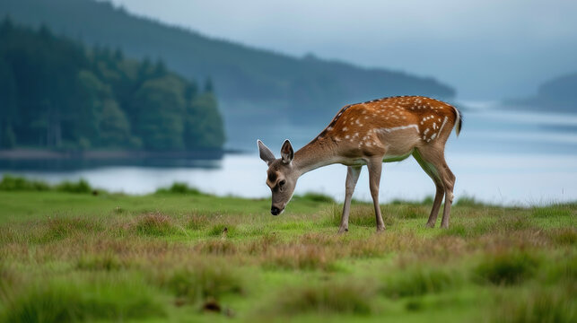 A deer grazes in a lush green field with a lake and mountains in the background. - Powered by Adobe