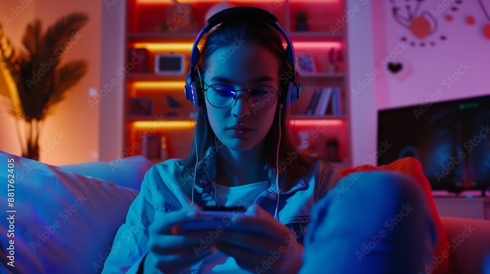 Fototapete host channel of gaming smart streamer playing online game wearing headphone with viewers live steami