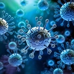 Microscopic enlargement of blue virus - respitory virus outbreak - floating cells in body - virus shaped as covid, influenza, sars, corona, hiv, mers, cholera, variola, measles - disease organisms