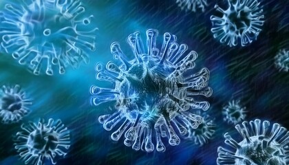 Fototapeta premium Microscopic enlargement of blue virus - respitory virus outbreak - floating cells in body - virus shaped as covid, influenza, sars, corona, hiv, mers, cholera, variola, measles - disease organisms