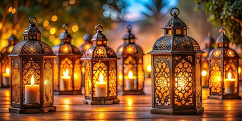 Obraz premium Ornate lanterns with lit candles casting a warm glow, ornate, lantern, candles, light, glow, decorative, elegant