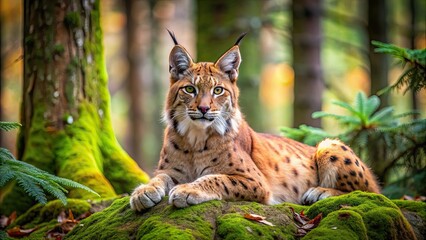 Fototapeta premium Eurasian Lynx (Lynx Lynx) resting in the Bavarian Forest National Park, Germany , Lynx, Lynx Lynx, Bavarian Forest