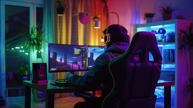 Gamer guy plays computer games at colorful neon light living room at night Esport streaming game online selective focus : Generative AI