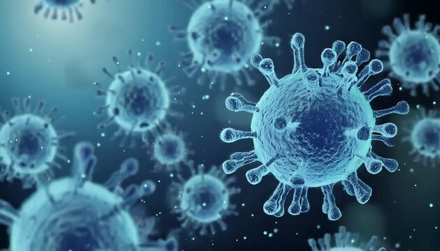 Microscopic enlargement of blue virus - respitory virus outbreak - floating cells in body - virus shaped as covid, influenza, sars, corona, hiv, mers, cholera, variola, measles - disease organisms