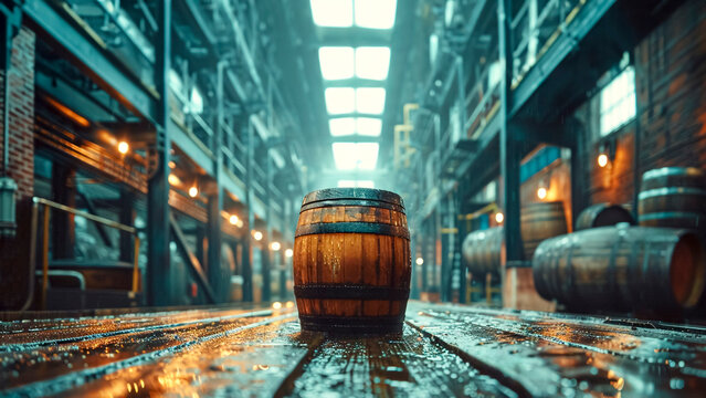 Bourbon Barrel in a Distillery. Whiskey Production, Artisan Craft, Distilling Tradition.