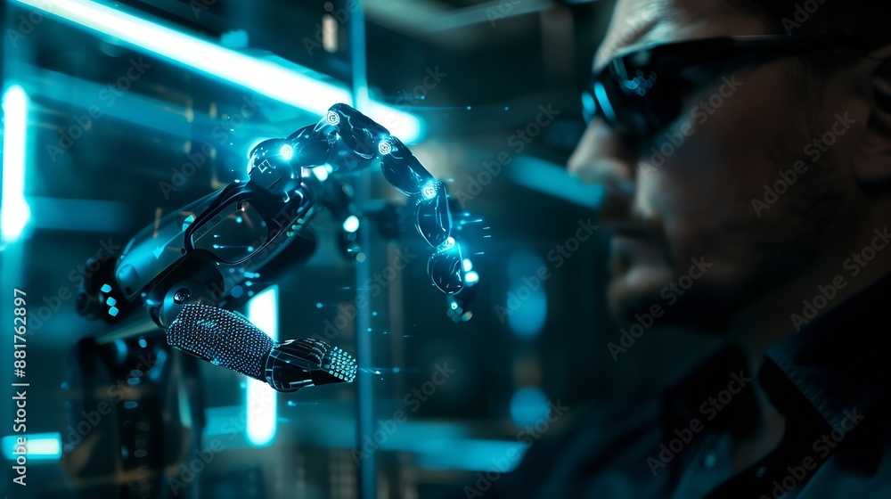 Poster Artificial Intelligence Ai technology man using technology smart robot AI artificial intelligence by enter command prompt for generates something Futuristic technology transformation : Generative AI