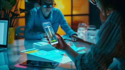 Close up ux developer and ui designer use augmented reality brainstorming about mobile app interface wireframe design on desk at modern office creative digital development agency : Generative AI