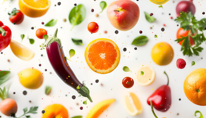 Different fresh fruits and vegetables in air on white background