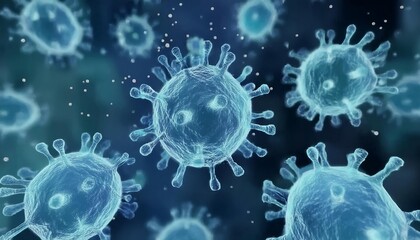 Microscopic enlargement of blue virus - respitory virus outbreak - floating cells in body - virus shaped as covid, influenza, sars, corona, hiv, mers, cholera, variola, measles - disease organisms