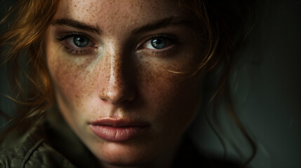 Fototapeta premium Red-haired woman with intense gaze in a dark, moody setting.