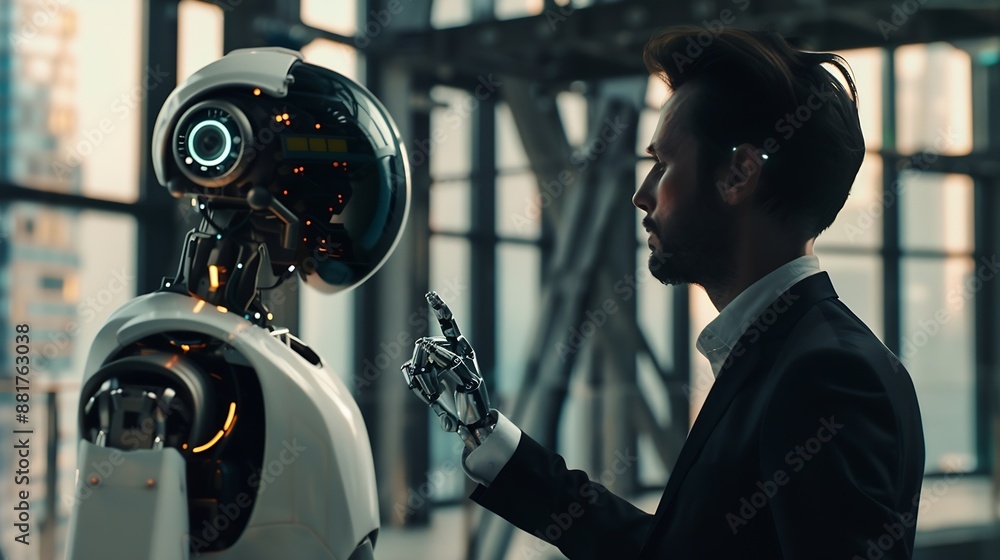 Poster Ai technology Artificial Intelligence man using technology smart robot AI artificial intelligence by enter command prompt for generates something Futuristic technology transformation C : Generative AI