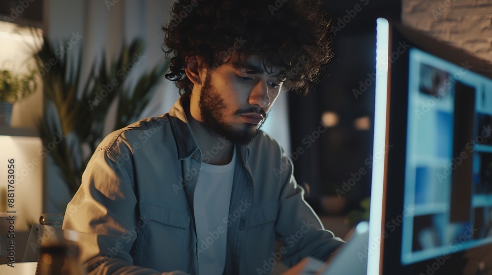 Poster focused curlyhaired man editing photos on tablet and looking at monitor in modern startup office : g