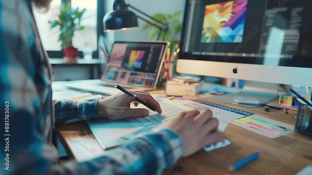 Aufkleber Graphic designer brainstorming logo and graphic art at busy artistic workshop laptop display workspace Experimenting color palette and pattern for creative design Panorama shot Scrutin : Generative AI