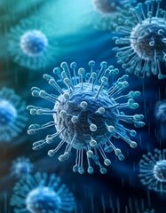Microscopic enlargement of blue virus - respitory virus outbreak - floating cells in body - virus shaped as covid, influenza, sars, corona, hiv, mers, cholera, variola, measles - disease organisms