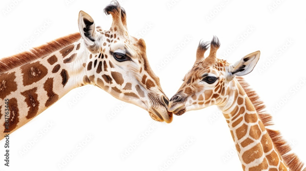Poster two giraffes standing side by side, likely in a savannah or wildlife setting