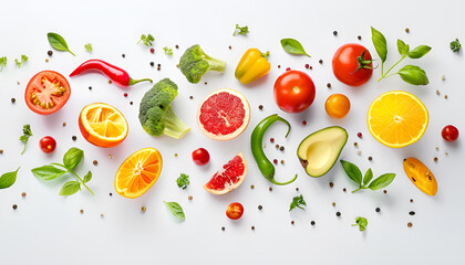 Different fresh fruits and vegetables in air on white background