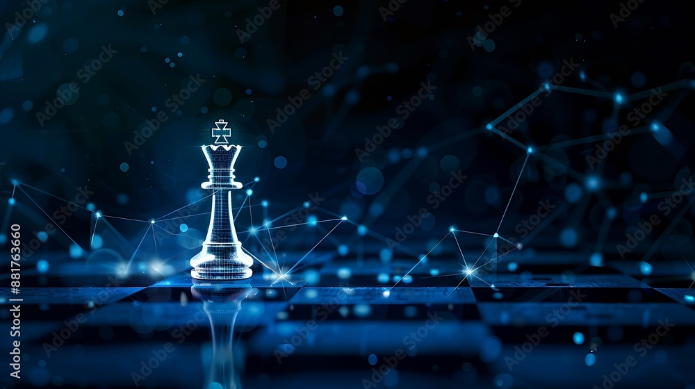Leinwandbilder Leader with brain and ideas can make an impact and different on the digital world concept White chess king with blur graphic Binary Data computer Number network on blue dark background : Generative AI