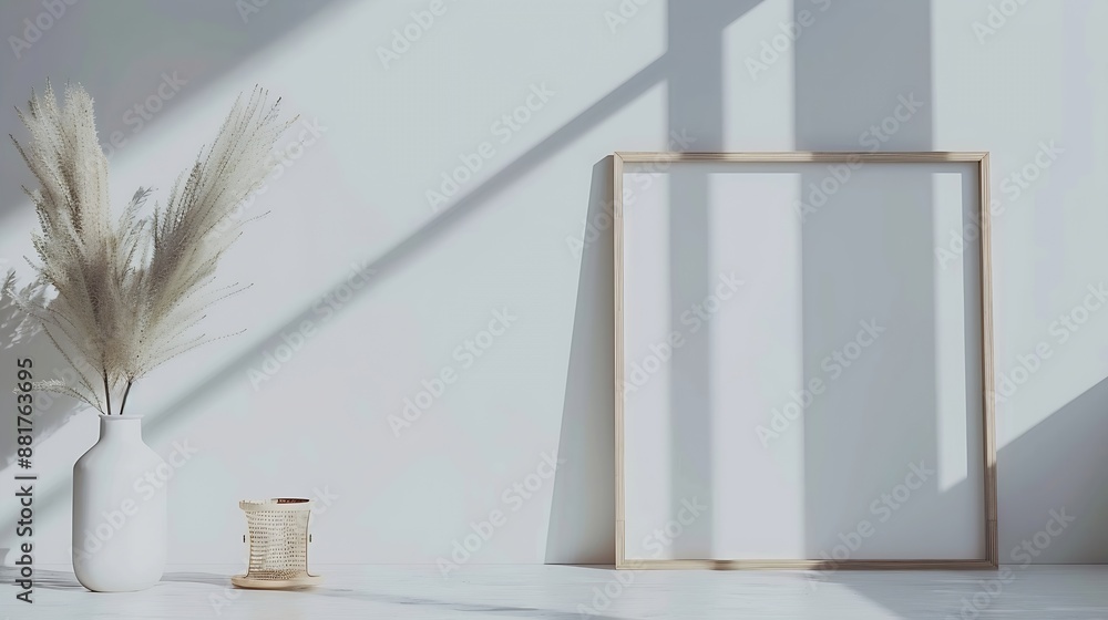 Poster mockup rectangle frame in minimalist interior background empty frame with natural sunlight on white 