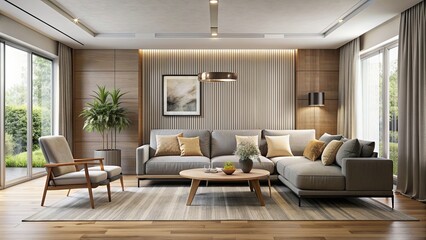 Modern living room with sleek furniture and neutral color palette, modern, living room, sleek, furniture, design, contemporary