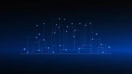 cityscape technology background concept. city space bright glowing neon, data blue line circle lights, technology Abstract, vector. city for tech, web banner, web site, communication, transformation.