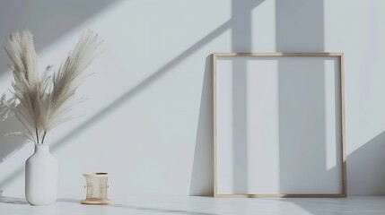 Mockup rectangle frame in minimalist interior background Empty frame with natural sunlight on white wall : Generative AI