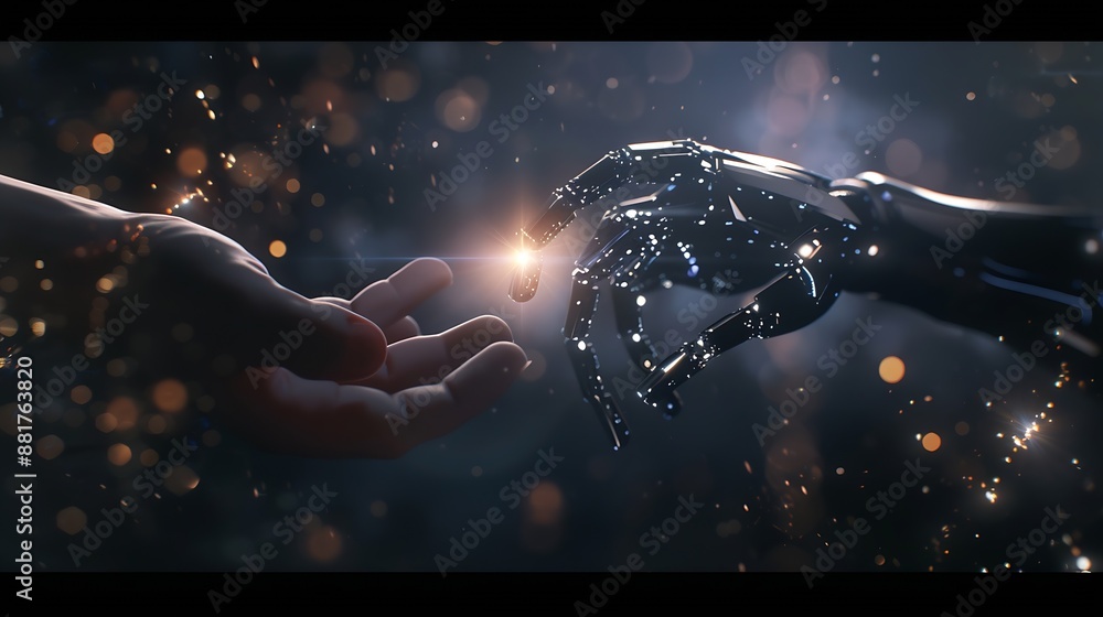 Leinwandbilder Concept of Artificial intelligence AI robot human idea development think futuristic technology transformation science robotic hand connection with human hand and robot technology devel : Generative AI