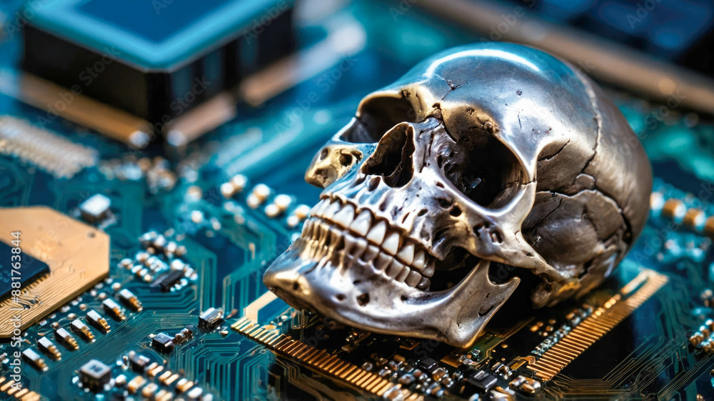 Poster a metallic skull resting on a computer chip, symbolizing cyber threats or hacking