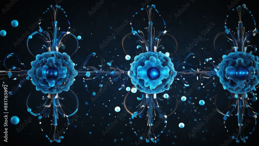 Poster an atomic structure or a molecular model, central glowing nucleus surrounded by orbiting electrons s