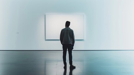 Obraz premium Photo of man in modern gallery looking at the empty canvas Blank mockup motion blur : Generative AI
