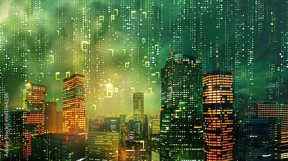 Aufkleber Binary computer code virtual city skyline Matrix Mixed Media Background : Generative AI