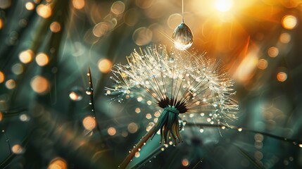 Detailed macro image of dandelion seeds with morning dew drops and blurred sunlight in the background.
