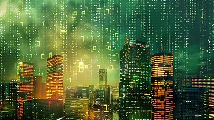 Binary computer code virtual city skyline Matrix Mixed Media Background : Generative AI