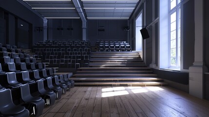 Obraz premium A lecture hall with rows of seats facing a podium, showcasing a traditional setting for large-scale lectures and presentations.