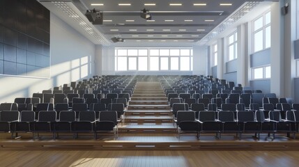 Naklejka premium A lecture hall with rows of seats facing a podium, showcasing a traditional setting for large-scale lectures and presentations.