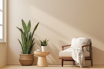 Beige wall background with wooden shelf, armchair and plants.