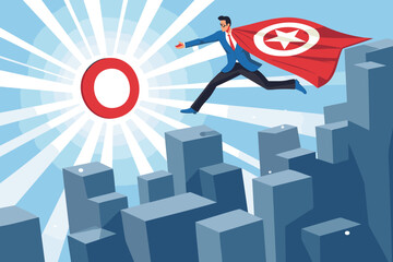 Determined businessman superhero flying through obstacle to reach target, overcoming challenges