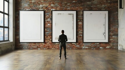 Fototapeta premium Businessman Modern art museum expo loft interiorOpen space studioEmpty white canvas hangingWood floorbricks wallpanoramic windowsBlank frames ready for bussiness informationHorizontal : Generative AI
