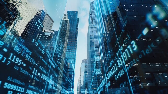 Double exposure of abstract virtual binary code hologram on New York city skyscrapers background Database and programming concept : Generative AI - Powered by Adobe