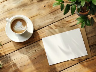 Coffee, blank card, and greenery on rustic wooden table.