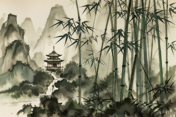 A lush bamboo forest with layers of mountain peaks in the style of ink painting