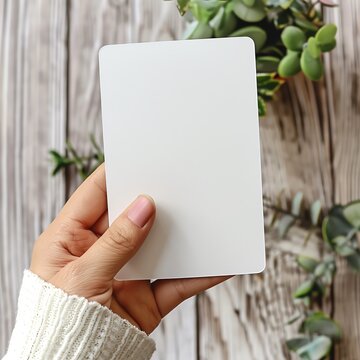 Woman's hands holding blank white card on rustic wooden background with greenery.