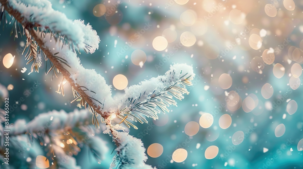 Poster macro shot of snow covered pine needles on a tree trunk in winter with warm sunlight and soft blur i