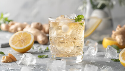 Glass of tasty ginger ale with ice cubes and ingredients on grey table