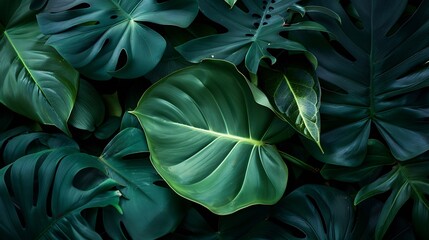 Fototapeta premium Large green leaves background Natural leaves close up dark green tropical forest Fresh deep foliage texture Nature concept earth : Generative AI