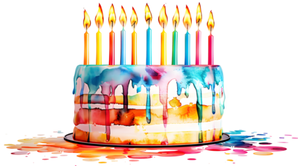 Watercolor Birthday Cake with Nine Candles Isolated on White Background. Birthday Celebration Cake