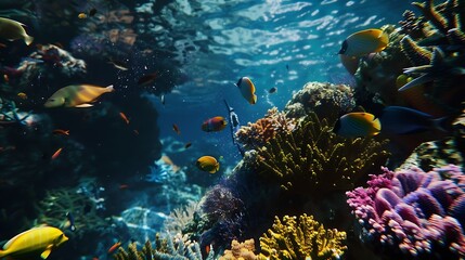 Fototapeta premium Underwater Diving Tropical Scene With Sea Life In The Reef : Generative AI