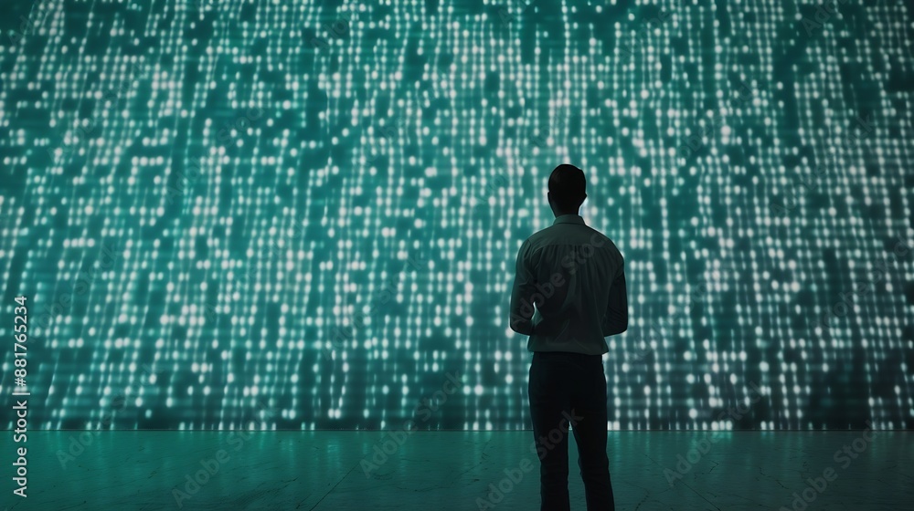 Fototapete a man stands in front of a virtual screen with a binary code Data verification device and network control Data protection search for information leakage : Generative AI